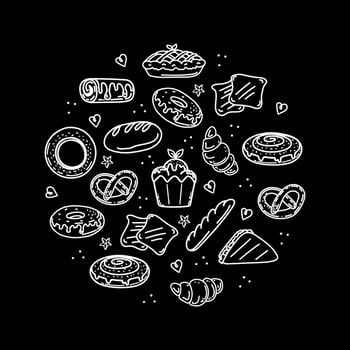 A collection of baked goods and confectionery, hand-drawn sketch-style doodle elements. Different kinds of bread, croissant, baguette, scones, muffin, muffin. Vector cute illustrations on black