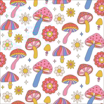 Seamless pattern with retro 70s mushrooms, daisy flowers and sparkles. Summer simple abstract minimalist fungi. 60s vintage style plants. Colorful psychedelic background. Vector illustration.