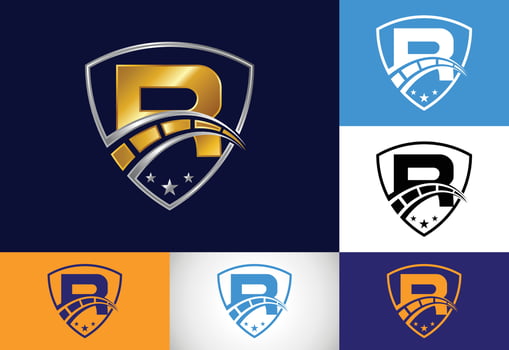 Initial R monogram letter with speedometer and shield sign. The automotive logo design concept vector