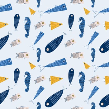 Seamless children's pattern with different sea fish. Vector illustration