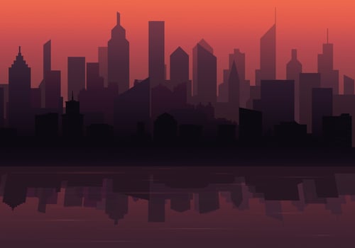The silhouette of a big city with a beautiful sunset. The city is reflecting in the water. Urban landscape.Vector illustration vector