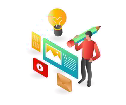 Flat isometric illustration concept. man pours creative ideas on a work vector