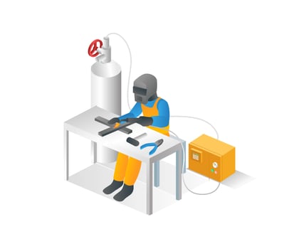 Flat isometric concept illustration. man welding iron vector