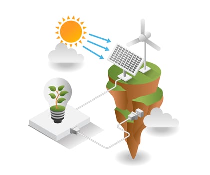 Flat isometric concept illustration. solar panels on pieces of land vector