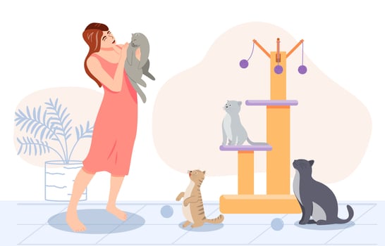 women holding cute cats. Lady with Her cats, modern vector illustration concept of the home office.
