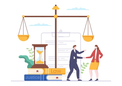 Lawyer, Attorney and Justice with Laws, Scales, Buildings, Book or Wooden Judge Hammer to Consultant in Flat Cartoon Illustration vector