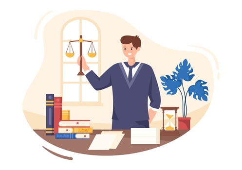 Lawyer, Attorney and Justice with Laws, Scales, Buildings, Book or Wooden Judge Hammer to Consultant in Flat Cartoon Illustration vector