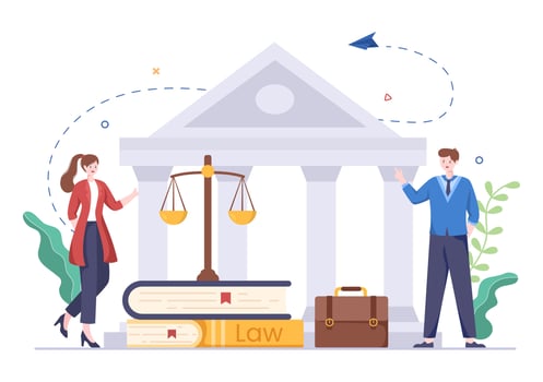 Lawyer, Attorney and Justice with Laws, Scales, Buildings, Book or Wooden Judge Hammer to Consultant in Flat Cartoon Illustration vector