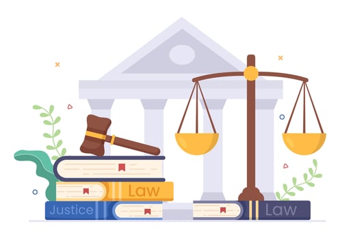 Lawyer, Attorney and Justice with Laws, Scales, Buildings, Book or Wooden Judge Hammer to Consultant in Flat Cartoon Illustration vector