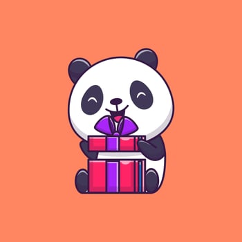 Cute Panda Opening Birthday Gift Cartoon Vector Icon Illustration. Animal Love Icon Concept Isolated Premium Vector. Flat Cartoon Style
