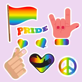 Pride LGBTQ sticker set, symbols set in rainbow , gradient color, ride Flag, Heart, Peace, Rainbow, Love,  Freedom Symbols. Gay Pride Month vector