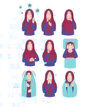 Set of hijab woman character feeling unwell vector