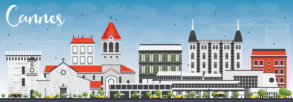 Cannes Skyline with Gray Buildings and Blue Sky. vector
