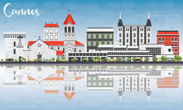Cannes Skyline with Gray Buildings, Blue Sky and Reflections. vector