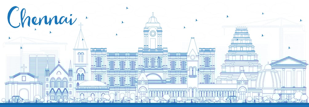 Outline Chennai Skyline with Blue Landmarks. vector