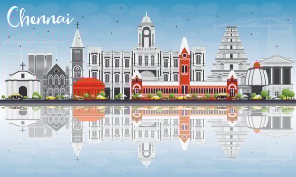 Chennai Skyline with Gray Landmarks, Blue Sky and Reflections. vector
