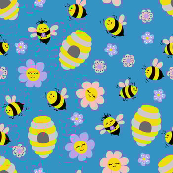 Seamless pattern with cute hand drawn bees, bee, flowers. vector