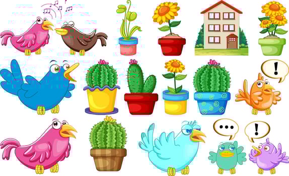 Different house designs and cute birds vector