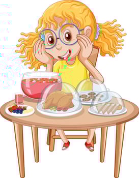 Happy girl having meal at the table vector