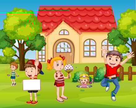 House scene with many kids vector