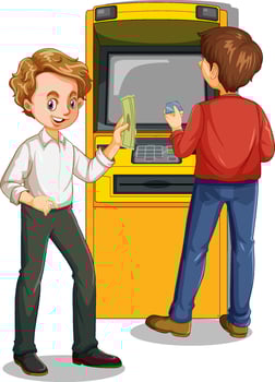 Two men standing at atm machine vector