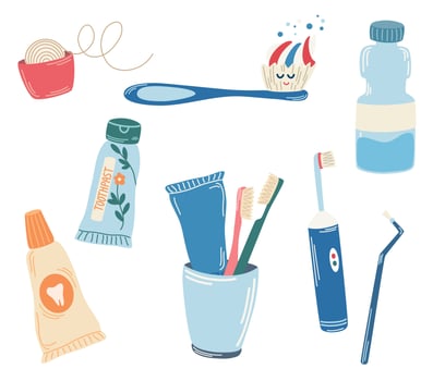 Dental care tools. Toothbrush, toothpaste, dental floss, Electric Toothbrush. Product for cleaning teeth. Dental and oral care abstract concept. Vector Cartoon illustration