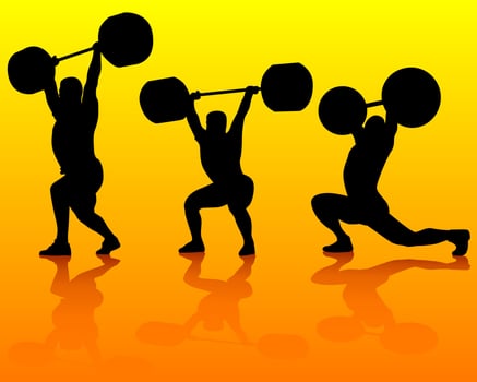 weightlifters silhouettes on an orange background vector