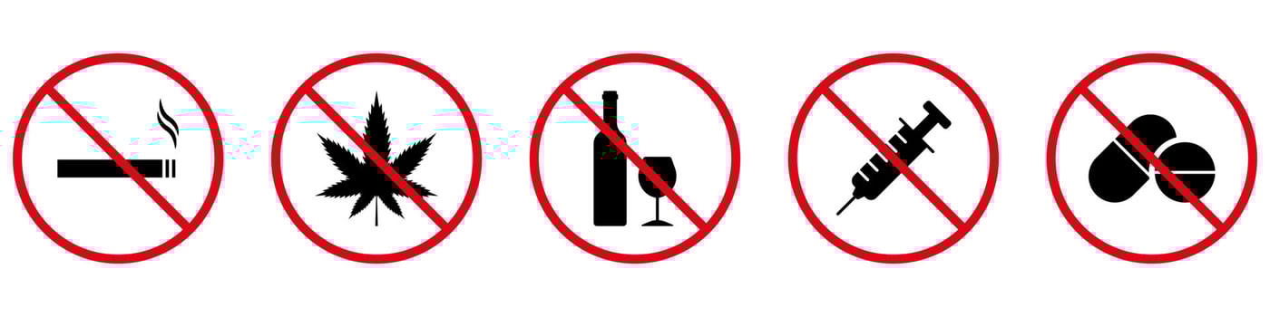 No Smoke Cigarette, Drink Alcohol, Take Drug and Pill Black Silhouette Icon. Addiction Forbidden Pictogram. Warning Not Narcotic, Doping Zone Red Stop Symbol. Isolated Vector Illustration.