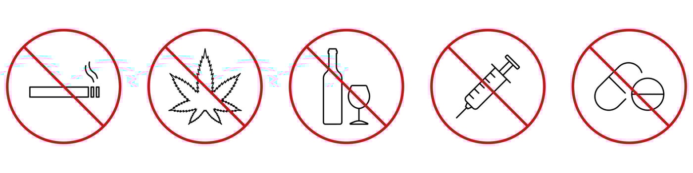 No Smoke Cigarette, Drink Alcohol, Take Drug and Pill Black Line Icon. Addiction Forbidden Pictogram. Warning Not Narcotic, Doping Zone Outline Red Stop Symbol. Isolated Vector Illustration