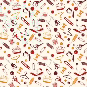 Sewing Tools Seamless Pattern, hand drawn elements. Tailoring accessories - threads, scissors, needles, pins, buttons. Vector background for seamstress, atelier, fashion design