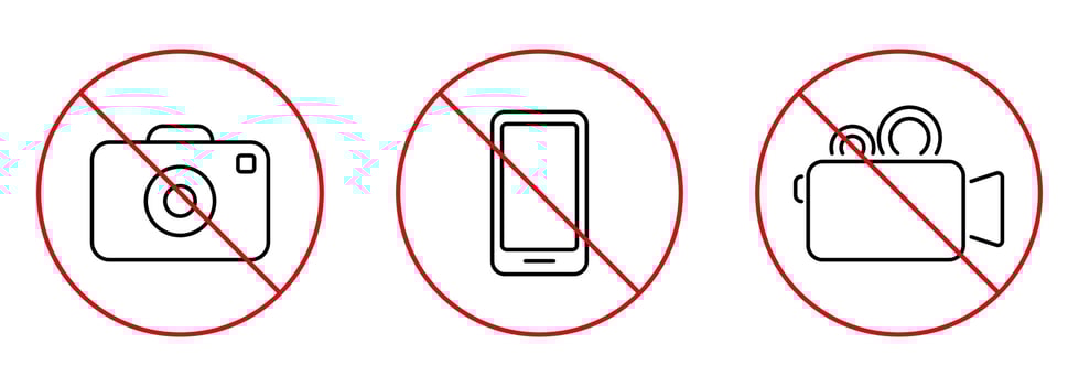 Photography Forbidden Area Outline Sign. No Video Photo Camera Mobile Phone Black Line Ban Icon Set. No Allowed Zone for Recording Red Stop Symbol. Camera Prohibited. Isolated Vector Illustration.