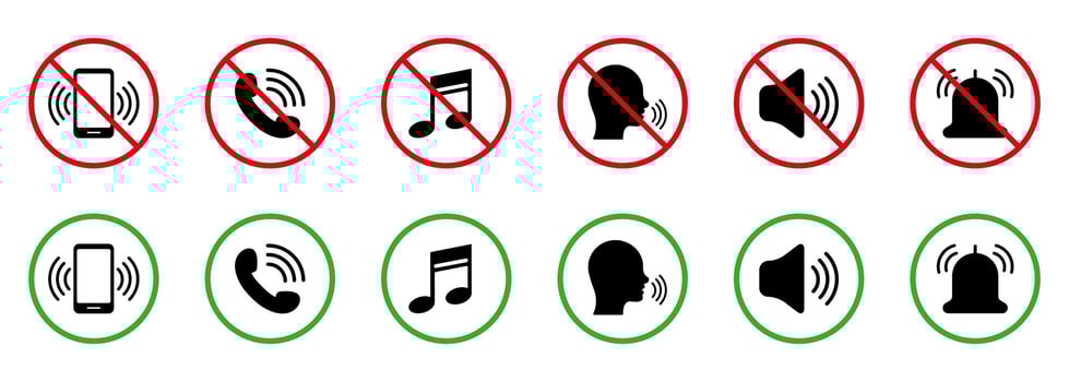 Notification Call Black Silhouette Icon Set. Silence Mute Zone Red Forbidden Round Sign. Use Phone Speak Loud Allowed Area Green Symbol. Warning Ban Noise Rule. Isolated Vector Illustration.