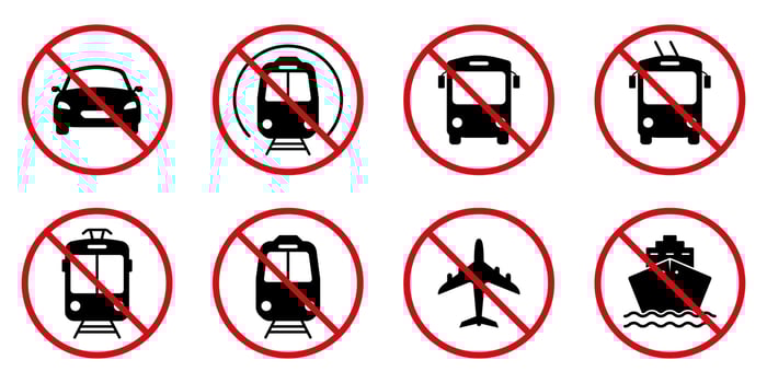 Prohibited Transport Station Black Silhouette Icon Set. Forbidden Train, Trolley, Car, Motorcycle, Tram, Bicycle, Plane, Bus, Ship Pictogram. Road Red Stop Circle Symbol. Isolated Vector Illustration.