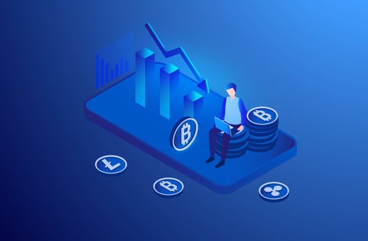 Cryptocurrency price falling down financial crisis concept. Businessman analyzing statistics and charts for cryptocurrency stock market investment crisis vector illustration