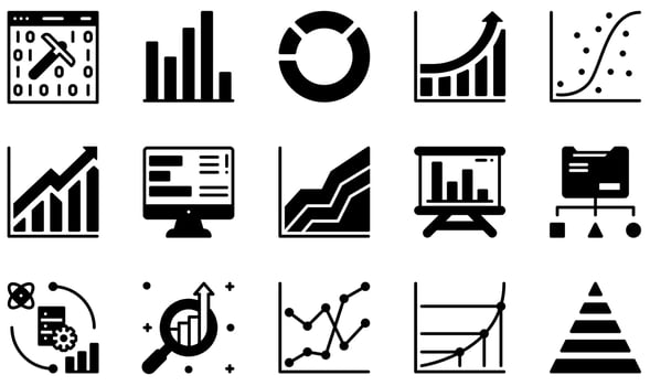 Set of Vector Icons Related to Data Analysis. Contains such Icons as Mining , Bar Chart, Pie Chart, Growth Chart, Scatter Plot, Data Report and more.