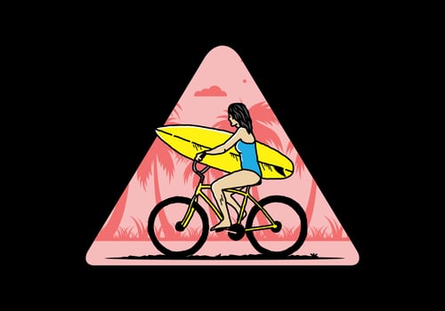 illustration of a woman going surfing on a bicycle vector