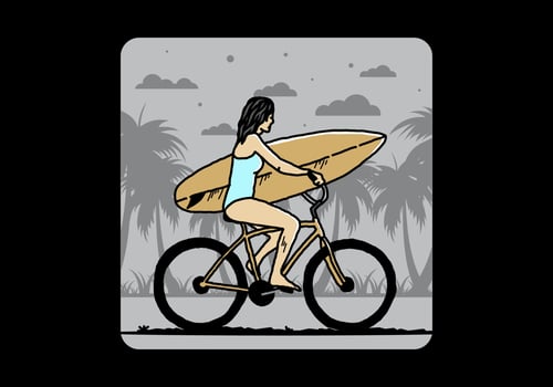 illustration of a woman going surfing on a bicycle vector