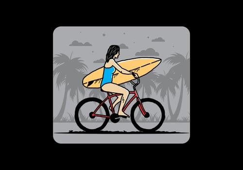 illustration of a woman going surfing on a bicycle vector