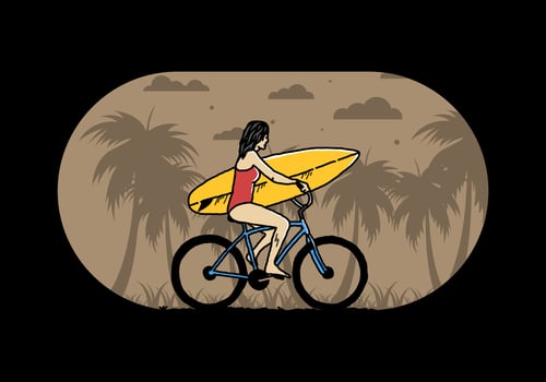 illustration of a woman going surfing on a bicycle vector