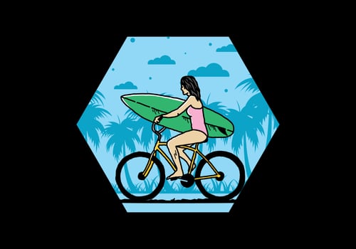 illustration of a woman going surfing on a bicycle vector
