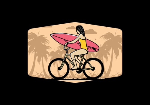 illustration of a woman going surfing on a bicycle vector