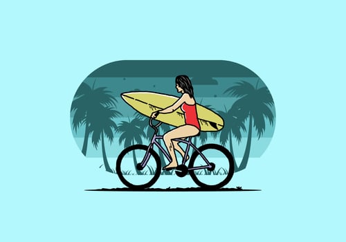 illustration of a woman going surfing on a bicycle vector