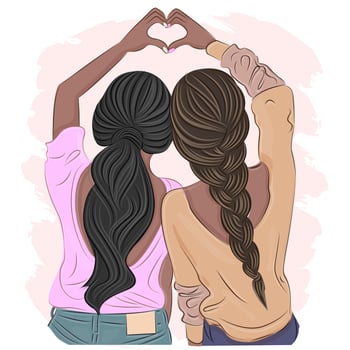 Stylish girlfriends or two sisters show with hands heart view from the back, friendship concept, fashion vector illustration, art, postcard, poster, interior design, textile print.