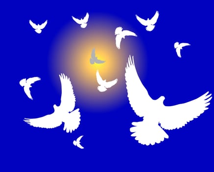 Group of white pigeons against the blue solar sky vector