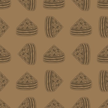 Seamless pattern with almond brownies. Wrapping paper and packaging patterns. Kraft paper pattern. Hand drawn lines. vector