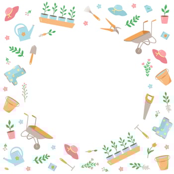 Garden tools and plants, a set of vector doodle illustrations. Concept gardening, a summer hobby