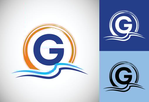 Initial G monogram letter with water ocean waves and the sun. Beach logo design concept vector