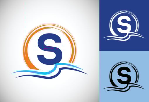 Initial S monogram letter with water ocean waves and the sun. Beach logo design concept vector