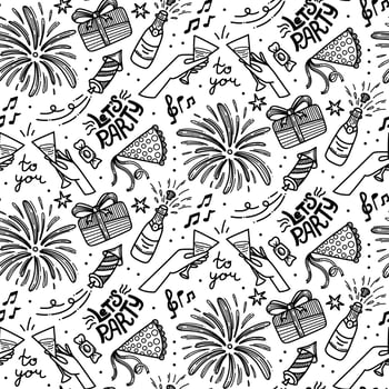 Doodles cute seamless pattern with cake, ballons and glasses. Happy birthday theme background. Party seamless vector pattern