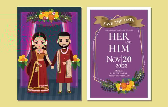 Indian wedding invitation card cute Hindu couple cartoon character in Front and Back View vector